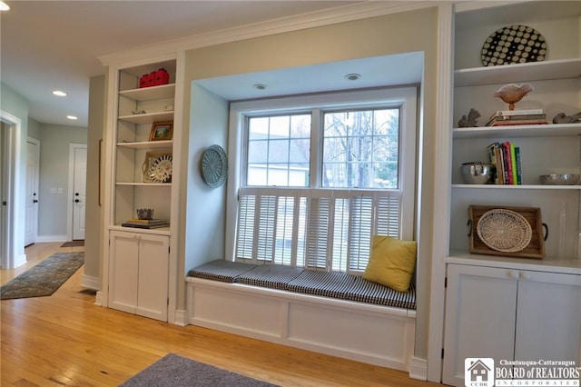 2401/2 Lakeside Dr, Ellery, NY 14712 - living area featuring built in shelves, recessed lighting, light wood-style floors, and baseboards