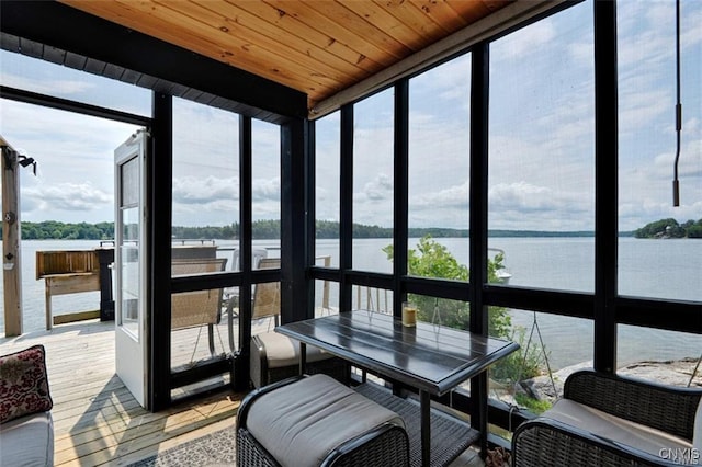 46337 Lake Of The Isle, Alexandria, NY 13607 - sunroom / solarium with wood ceiling, a water view, expansive windows, and wood finished floors