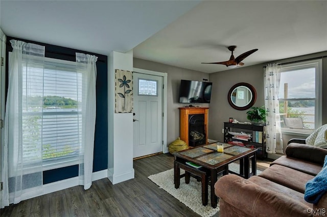 46337 Lake Of The Isle, Alexandria, NY 13607 - living room featuring baseboards, ceiling fan, and dark wood finished floors