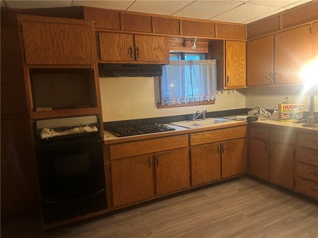 344 Tremont St, Rochester, NY 14608 - kitchen featuring black gas cooktop, wall oven, under cabinet range hood, a warming drawer, and light wood-type flooring