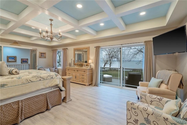 20 Youman Rd, Constantia, NY 13028 - bedroom with access to outside, a chandelier, light wood-style floors, coffered ceiling, and beam ceiling