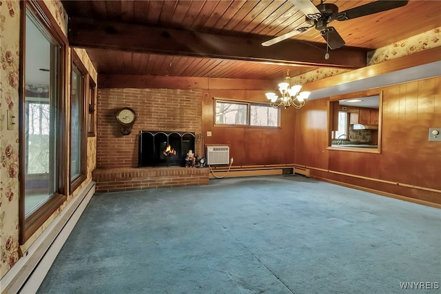 11765 Maple Ridge Rd, Shelby, NY 14103 - unfurnished living room with beamed ceiling, baseboard heating, wooden ceiling, and carpet