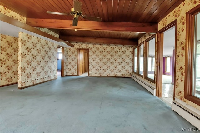 11765 Maple Ridge Rd, Shelby, NY 14103 - misc room with a baseboard heating unit, baseboards, wallpapered walls, beamed ceiling, and a baseboard radiator