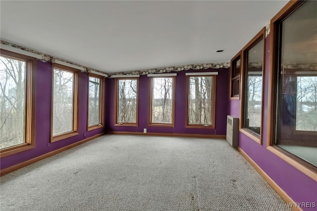 11765 Maple Ridge Rd, Shelby, NY 14103 - unfurnished sunroom with plenty of natural light, baseboards, and carpet