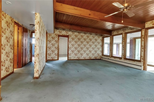 11765 Maple Ridge Rd, Shelby, NY 14103 - interior space with a baseboard radiator, wallpapered walls, beam ceiling, and baseboards