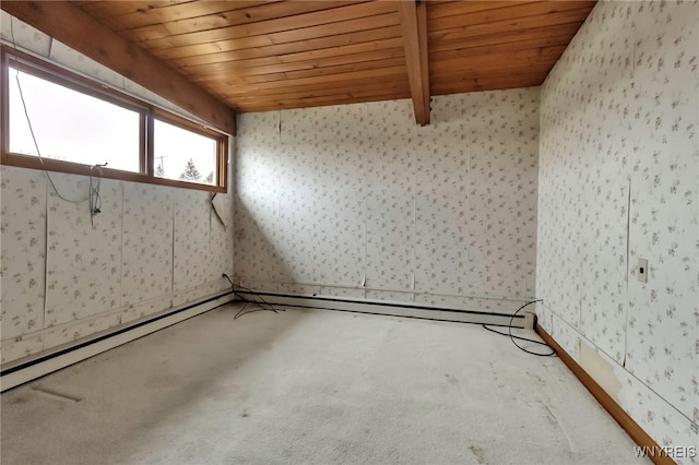 11765 Maple Ridge Rd, Shelby, NY 14103 - spare room featuring wood ceiling, wallpapered walls, carpet floors, and beam ceiling
