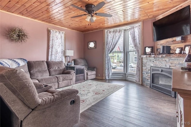 living room with crown molding, a ceiling fan, wooden ceiling, and wood finished floors