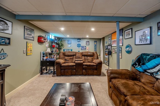living area featuring carpet flooring, baseboards, and recessed lighting