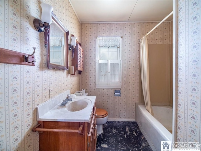 111 Springdale, Jamestown, NY 14701 - bathroom featuring vanity, toilet, baseboards, wallpapered walls, and shower / bath combination with curtain
