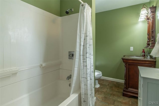 4973 Wilder Rd, Ellisburg, NY 13605 - bathroom with shower / bath combo, stone finish floor, baseboards, toilet, and vanity