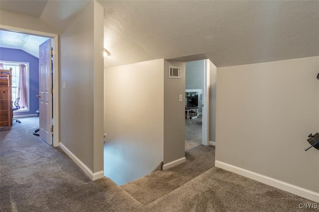 4973 Wilder Rd, Ellisburg, NY 13605 - hallway with a textured ceiling, visible vents, vaulted ceiling, and carpet