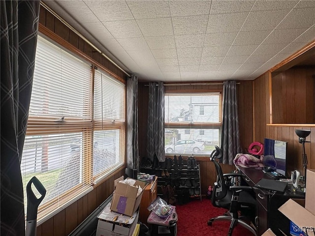 carpeted office space featuring wood walls