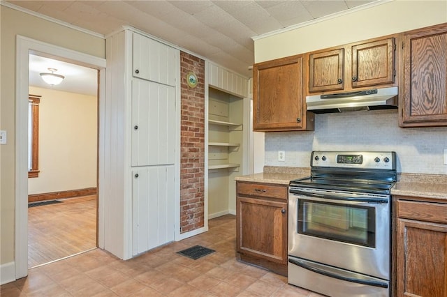 179 S W St, Geneva-City, NY 14456 - kitchen featuring decorative backsplash, visible vents, stainless steel electric range, under cabinet range hood, and brown cabinetry