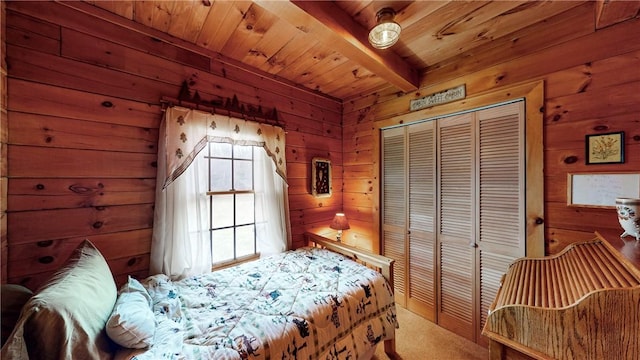 7061 Velie Rd, Bath, NY 14879 - bedroom featuring a closet, wooden ceiling, wooden walls, and beamed ceiling