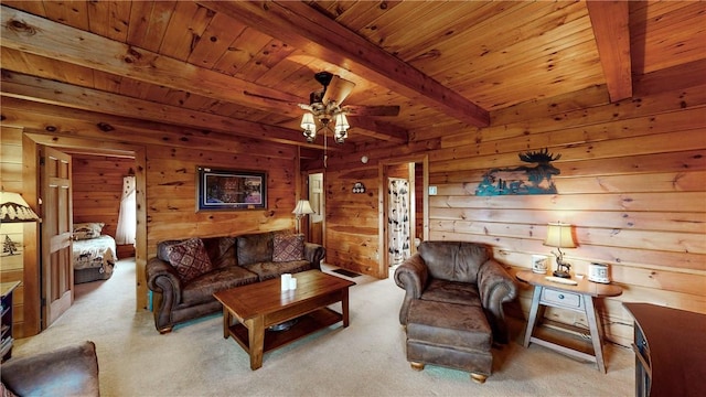 7061 Velie Rd, Bath, NY 14879 - living area with beamed ceiling, wooden ceiling, and ceiling fan