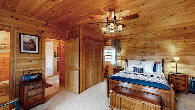 7061 Velie Rd, Bath, NY 14879 - bedroom featuring wood ceiling, light carpet, and wood walls