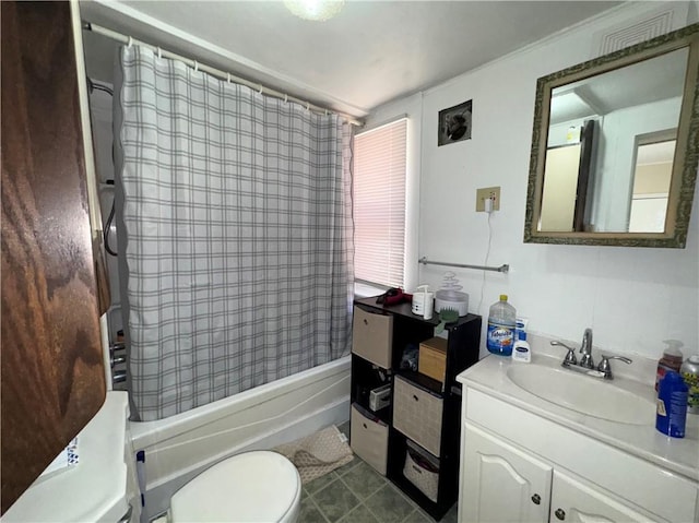 full bathroom with toilet, shower / bath combination with curtain, tile patterned flooring, and vanity