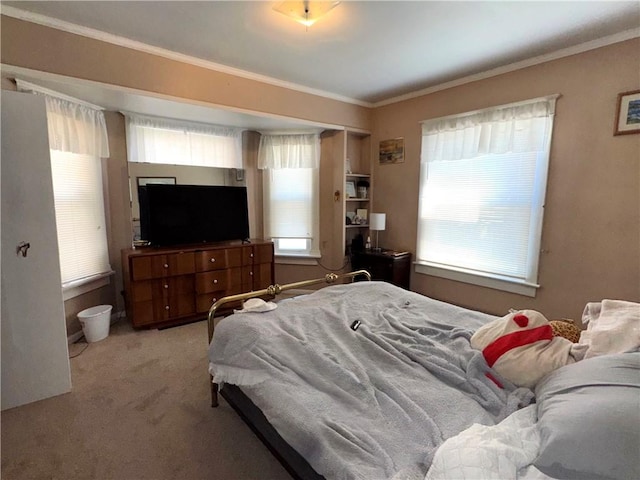 bedroom featuring ornamental molding and carpet