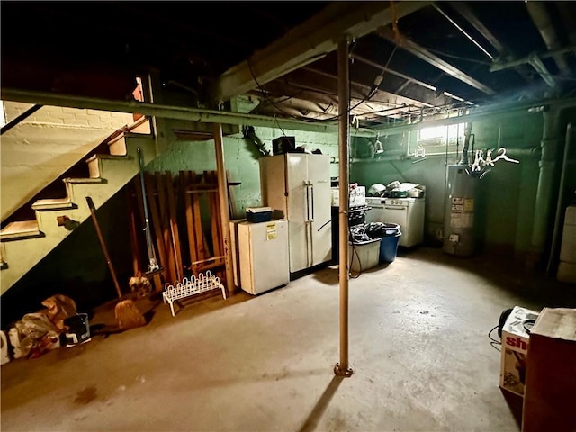174 N Bennett St, Bradford-City, PA 16701 - unfinished basement with water heater, freestanding refrigerator, refrigerator, and stairway