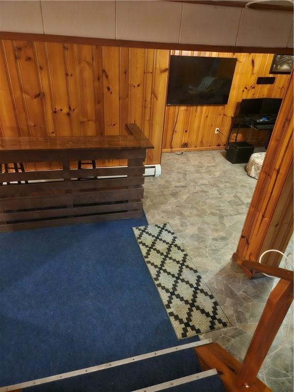 305 State St, Smethport-Borough, PA 16749 - interior space with wood walls, stone finish flooring, and a baseboard heating unit