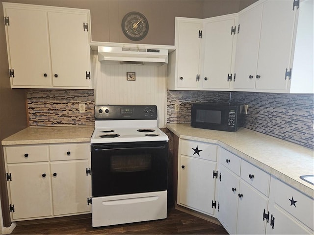305 State St, Smethport-Borough, PA 16749 - kitchen with light countertops, black microwave, dark wood finished floors, white range with electric stovetop, and under cabinet range hood