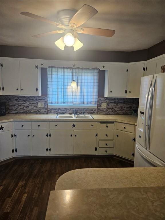 305 State St, Smethport-Borough, PA 16749 - kitchen featuring white cabinetry, a ceiling fan, a sink, and white fridge with ice dispenser