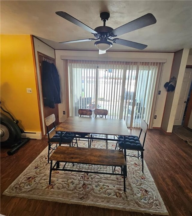 305 State St, Smethport-Borough, PA 16749 - dining space featuring wood finished floors, baseboards, a baseboard heating unit, and ceiling fan