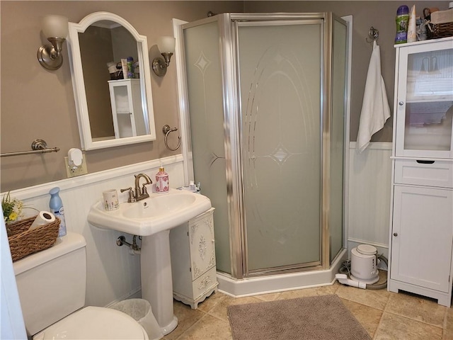 114 Country Club Dr, Elmira, NY 14905 - bathroom featuring a wainscoted wall, toilet, and a shower stall