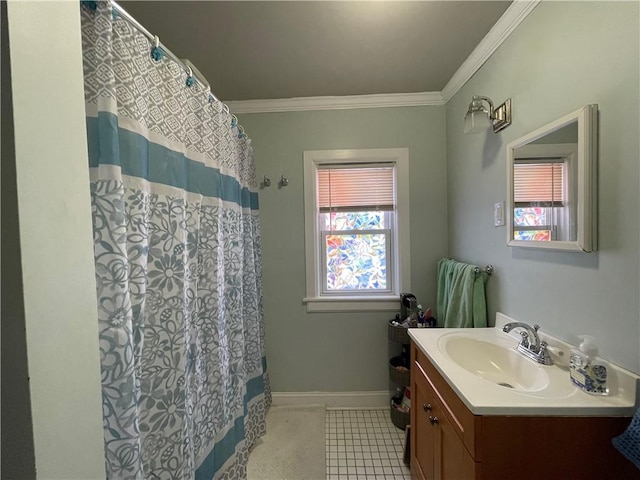full bathroom featuring a shower with shower curtain, crown molding, vanity, tile patterned flooring, and baseboards