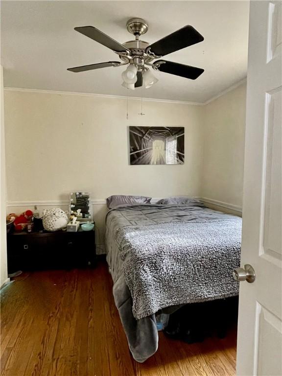 bedroom featuring crown molding, ceiling fan, and wood finished floors