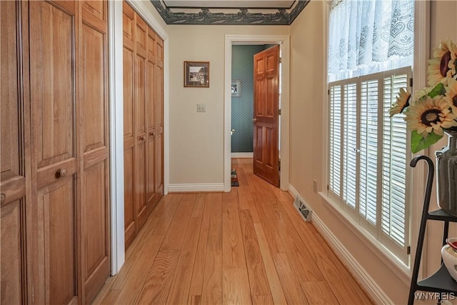 7131 Lakeshore Ter, Newfane, NY 14008 - hall with baseboards, a healthy amount of sunlight, light wood-style flooring, and visible vents