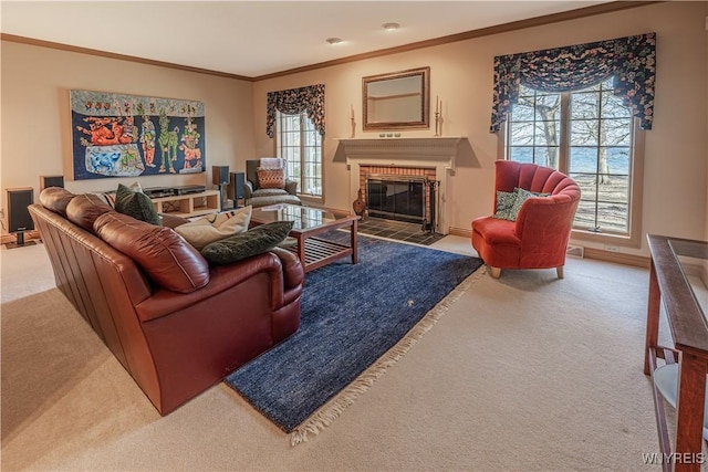 7131 Lakeshore Ter, Newfane, NY 14008 - living area with a healthy amount of sunlight, crown molding, and carpet