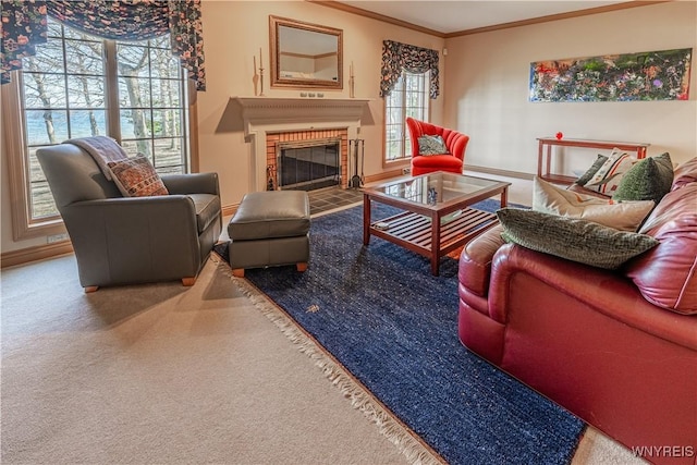7131 Lakeshore Ter, Newfane, NY 14008 - carpeted living area featuring baseboards, ornamental molding, and a fireplace