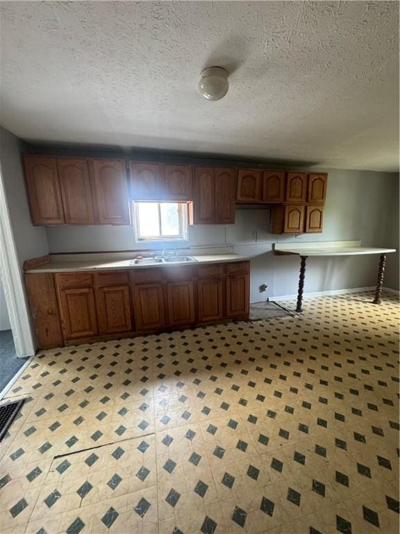 659 Bay St, Rochester, NY 14609 - kitchen featuring a textured ceiling, a sink, brown cabinetry, and light floors
