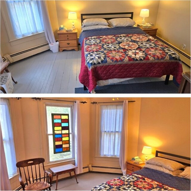 bedroom with a baseboard heating unit and multiple windows