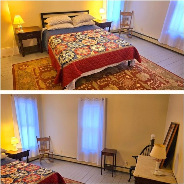 bedroom featuring hardwood / wood-style floors and a baseboard heating unit