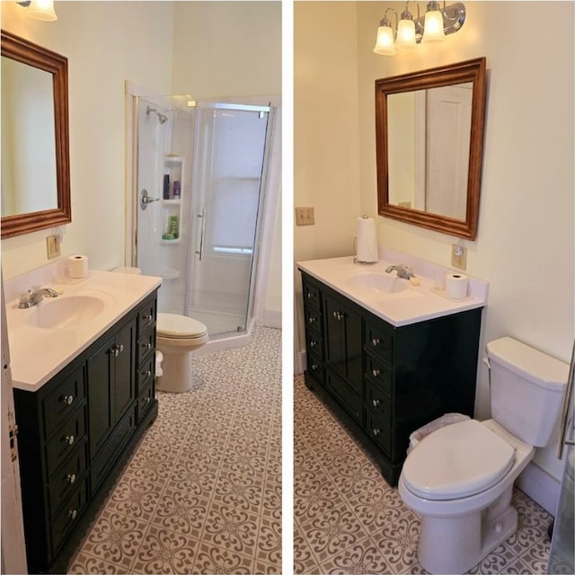 bathroom featuring a shower stall, toilet, a sink, and two vanities