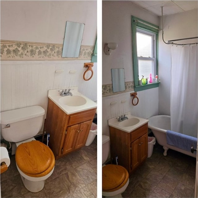 full bathroom with a wainscoted wall, toilet, and a sink