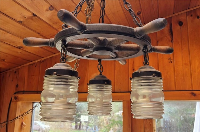 details with wooden walls and wood ceiling