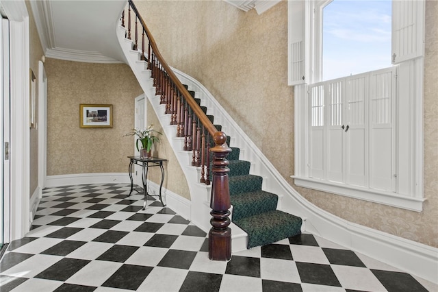 280 S Main St, Canandaigua-City, NY 14424 - interior space featuring stairway, ornamental molding, baseboards, wallpapered walls, and tile patterned floors