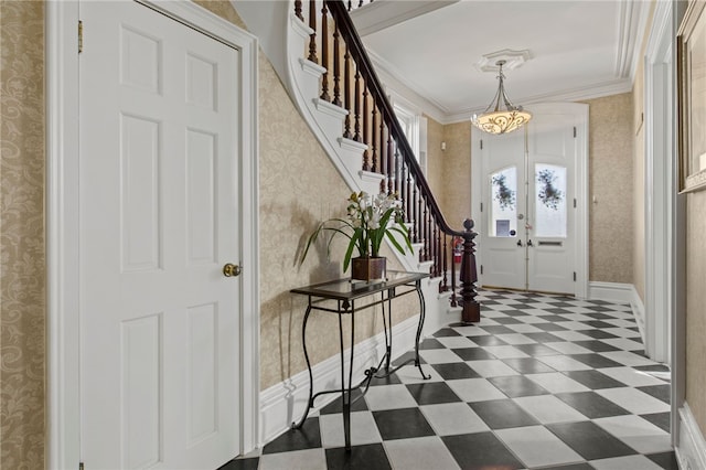 280 S Main St, Canandaigua-City, NY 14424 - entrance foyer featuring wallpapered walls, crown molding, stairway, and dark floors