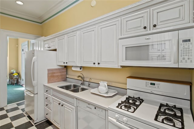 280 S Main St, Canandaigua-City, NY 14424 - kitchen with light countertops, crown molding, white appliances, tile patterned floors, and a sink