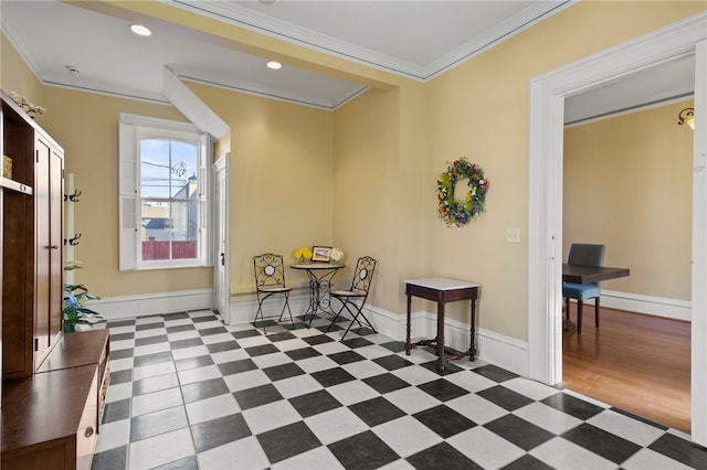 280 S Main St, Canandaigua-City, NY 14424 - living area with tile patterned floors, ornamental molding, baseboards, and recessed lighting