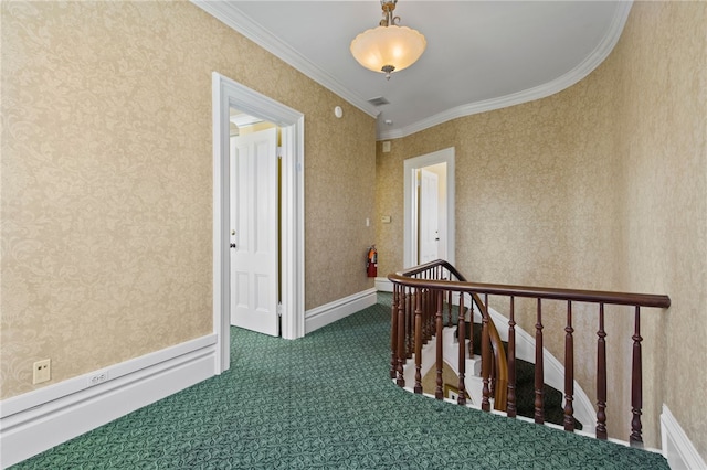 280 S Main St, Canandaigua-City, NY 14424 - corridor featuring crown molding, wallpapered walls, an upstairs landing, visible vents, and carpet
