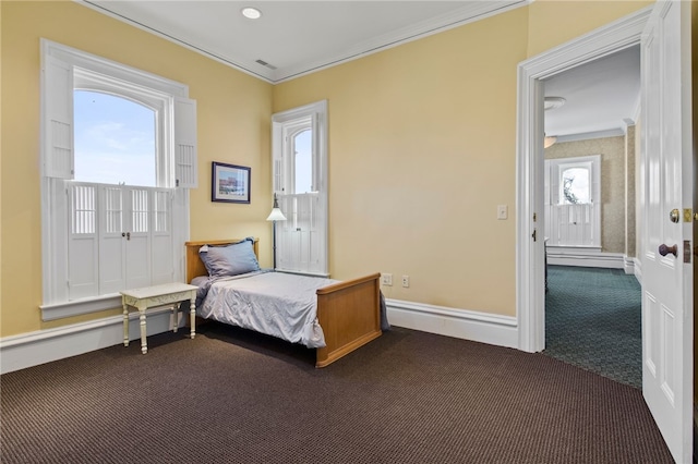 280 S Main St, Canandaigua-City, NY 14424 - bedroom featuring baseboards, a baseboard radiator, crown molding, and dark colored carpet