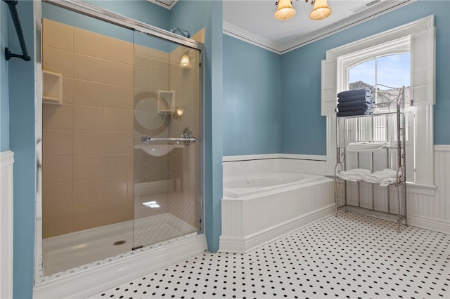 280 S Main St, Canandaigua-City, NY 14424 - bathroom featuring a shower stall, wainscoting, crown molding, and a bath
