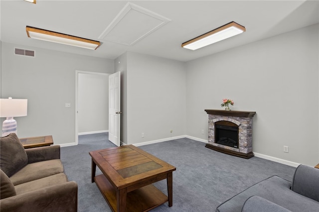 280 S Main St, Canandaigua-City, NY 14424 - living area with baseboards, a fireplace, visible vents, and dark colored carpet