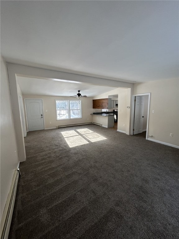 unfurnished living room featuring baseboards, dark colored carpet, baseboard heating, and a baseboard radiator