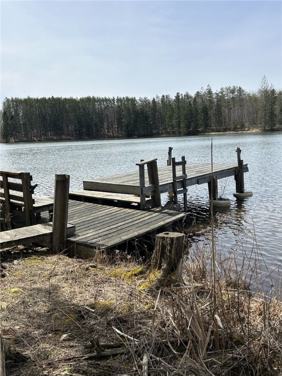 dock area featuring a forest view and a water view