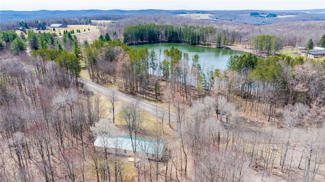 bird's eye view with a water view and a view of trees